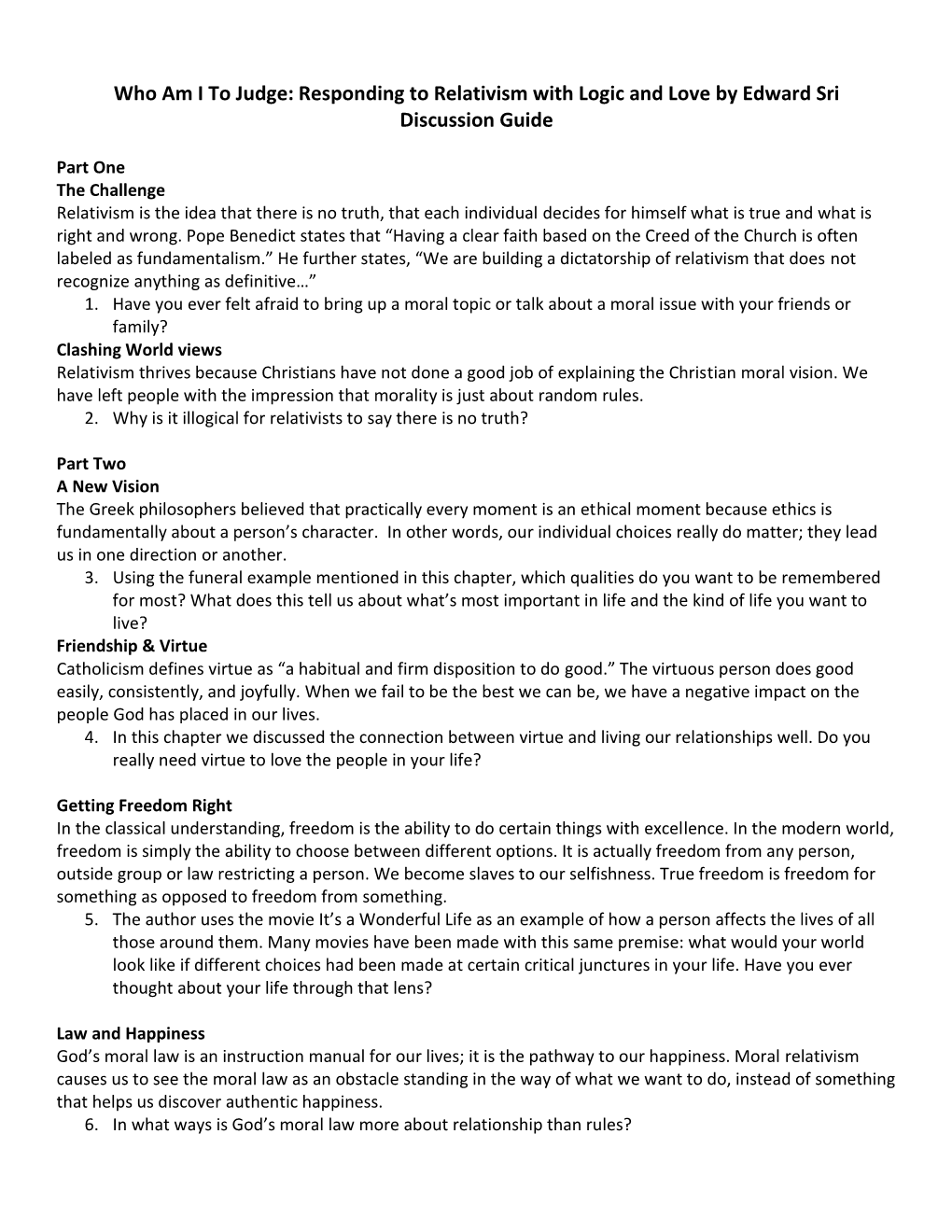 Responding to Relativism with Logic and Love by Edward Sri Discussion Guide