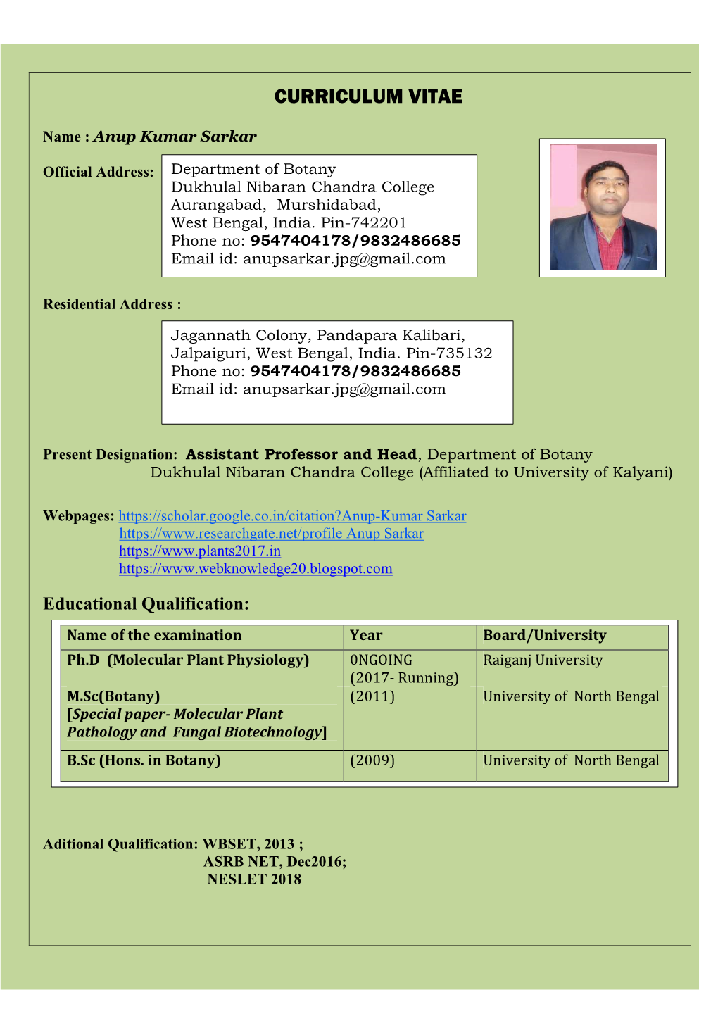 CURRICULUM VITAE Anup