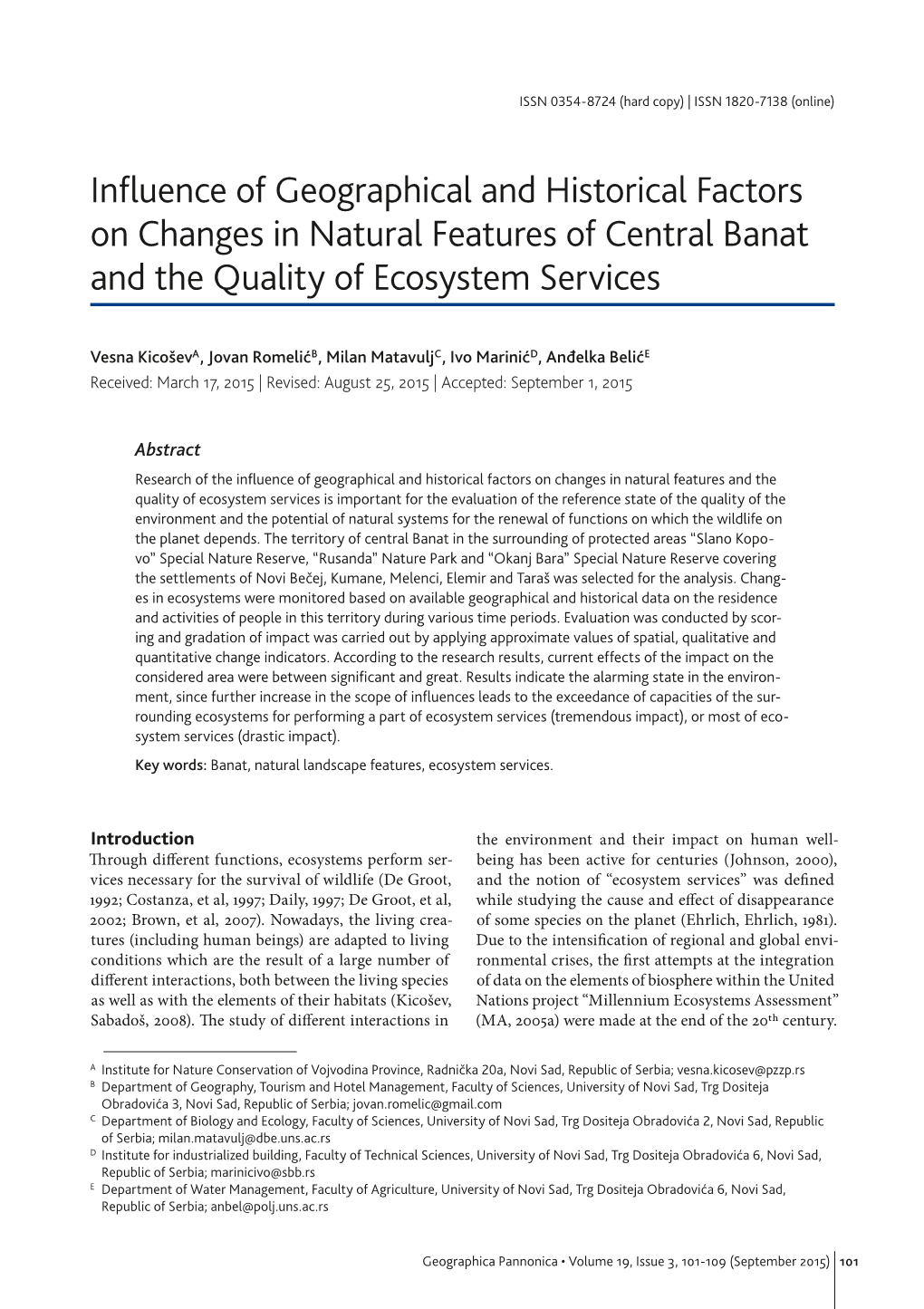 Influence of Geographical and Historical Factors on Changes in Natural Features of Central Banat and the Quality of Ecosystem Services