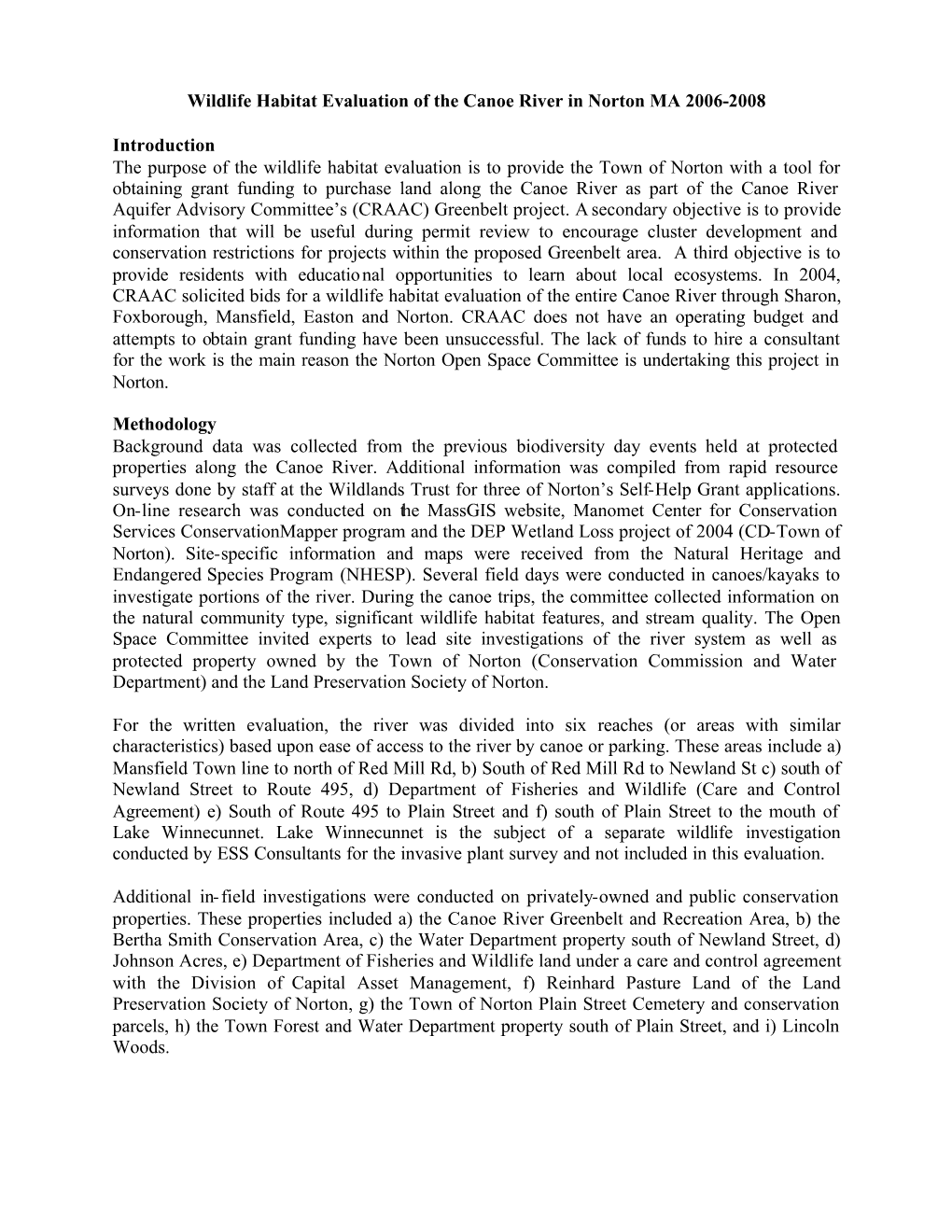 Wildlife Habitat Evaluation of the Canoe River in Norton MA 2006-2008