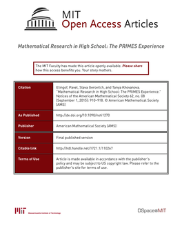 Mathematical Research in High School: the PRIMES Experience