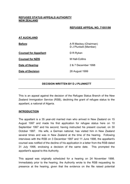 Refugee Status Appeals Authority New Zealand