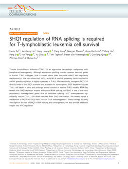 SHQ1 Regulation of RNA Splicing Is Required for T-Lymphoblastic Leukemia Cell Survival
