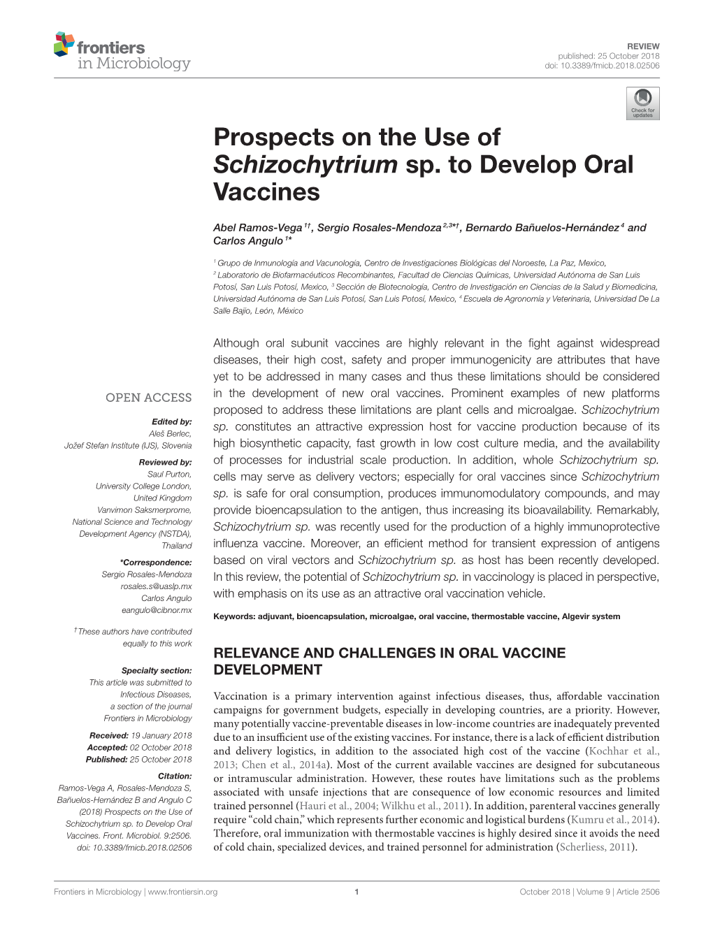 Prospects on the Use of Schizochytrium Sp. to Develop Oral Vaccines