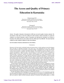 The Access and Quality of Primary Education in Karnataka