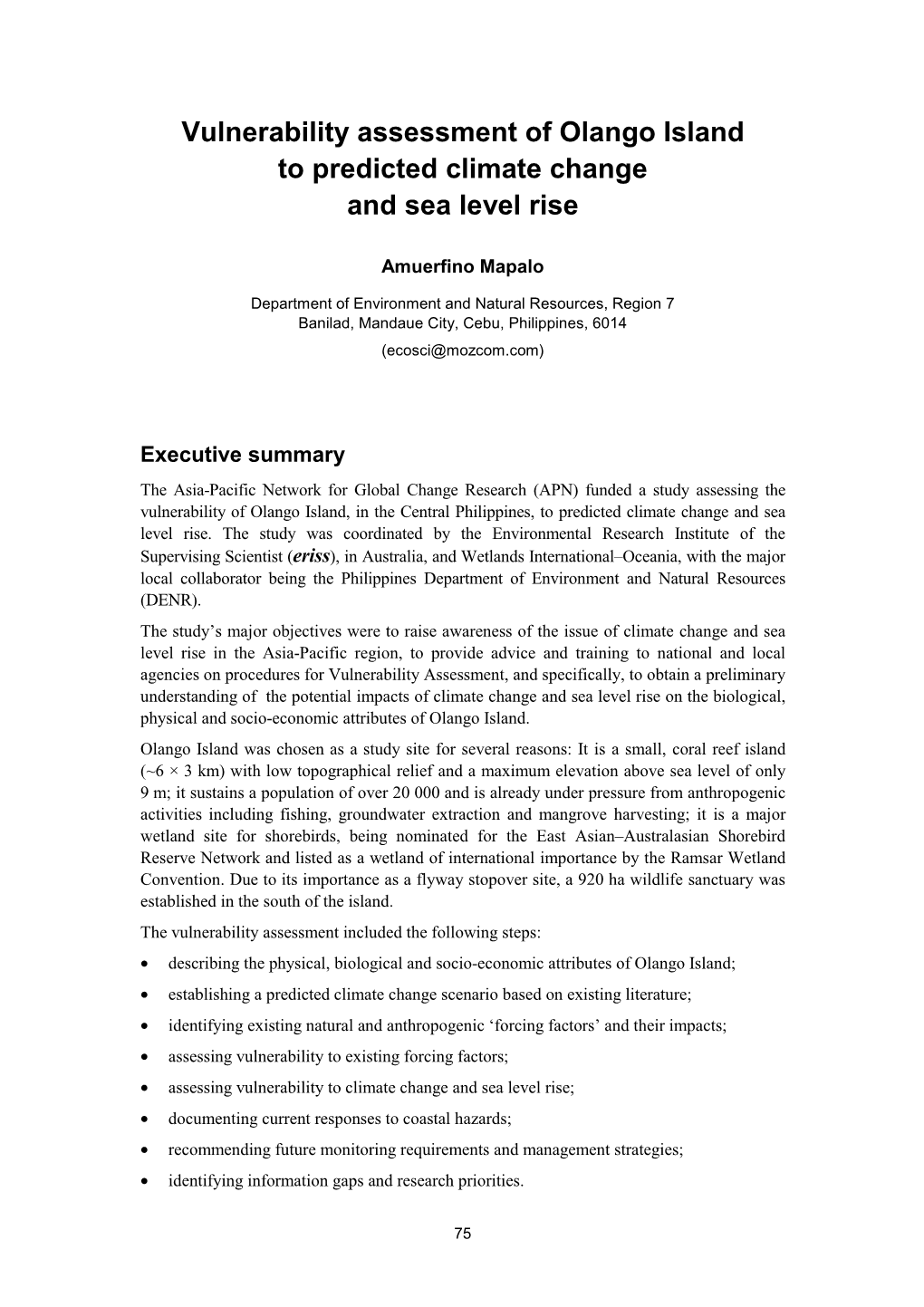 Vulnerability Assessment of Olango Island to Predicted Climate Change and Sea Level Rise