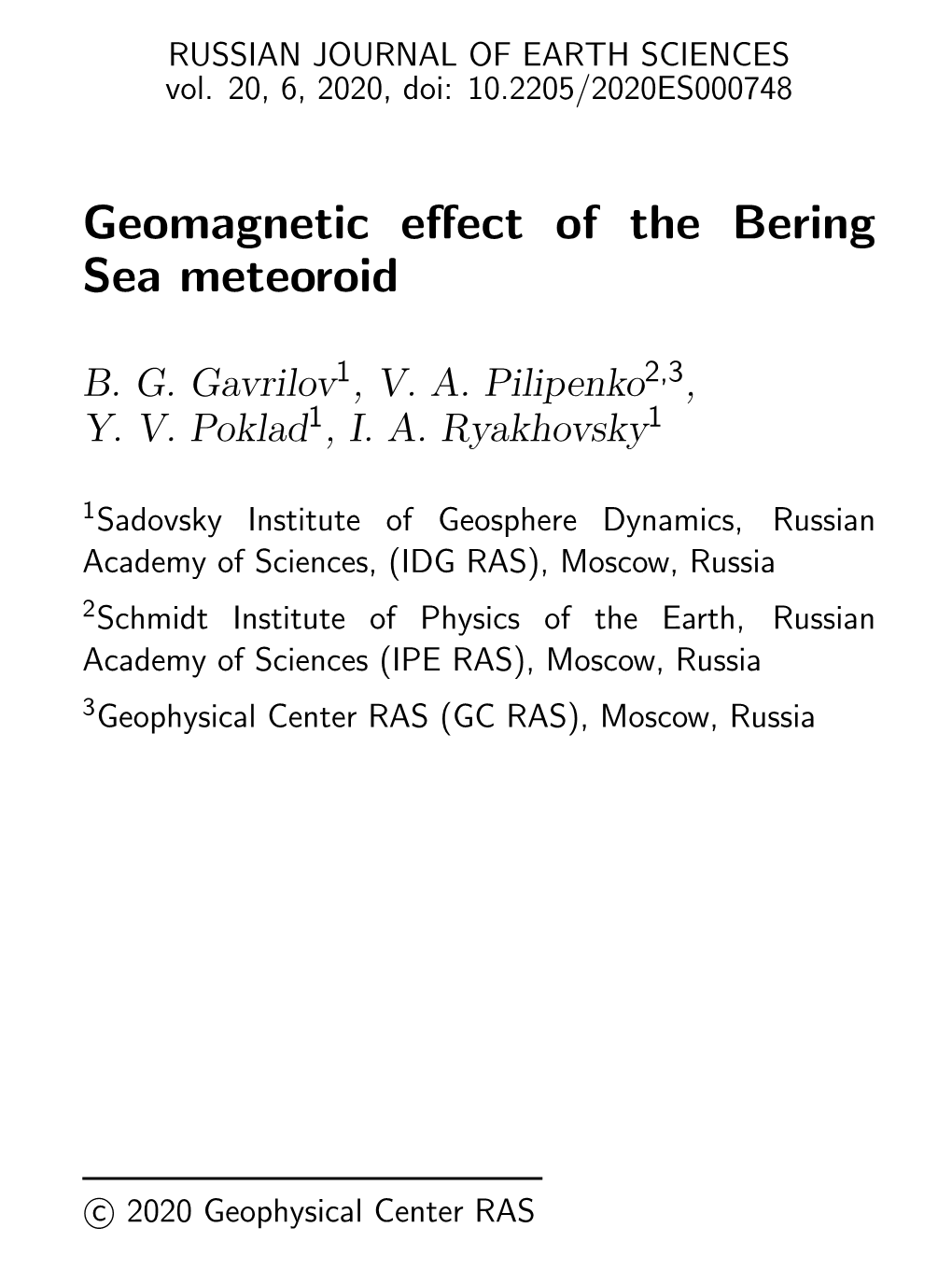 Geomagnetic Effect of the Bering Sea Meteoroid