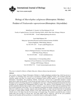 Biology of Macrolophus Caliginosus (Heteroptera: Miridae) Predator of Trialeurodes Vaporariorum (Homoptera: Aleyrodidae)