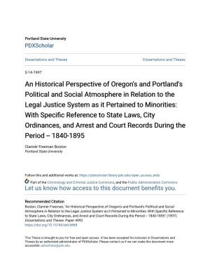 An Historical Perspective of Oregon's and Portland's Political and Social