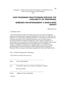 How Trademark Practitioners Perceive the Availability of Provisional Remedies for Infringement: a World-Wide Survey