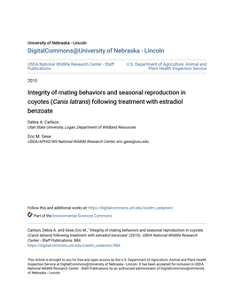 Integrity of Mating Behaviors and Seasonal Reproduction in Coyotes (Canis Latrans) Following Treatment with Estradiol Benzoate