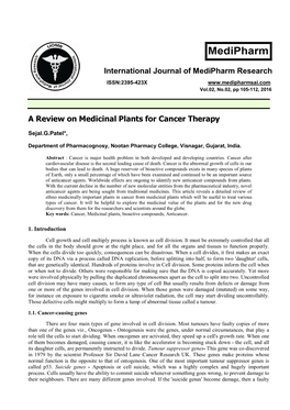 A Review on Medicinal Plants for Cancer Therapy
