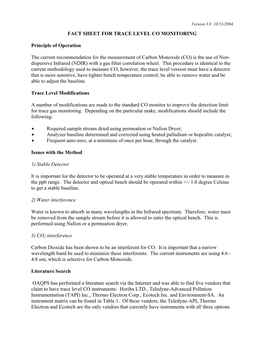 FACT SHEET for TRACE LEVEL CO MONITORING Principle Of