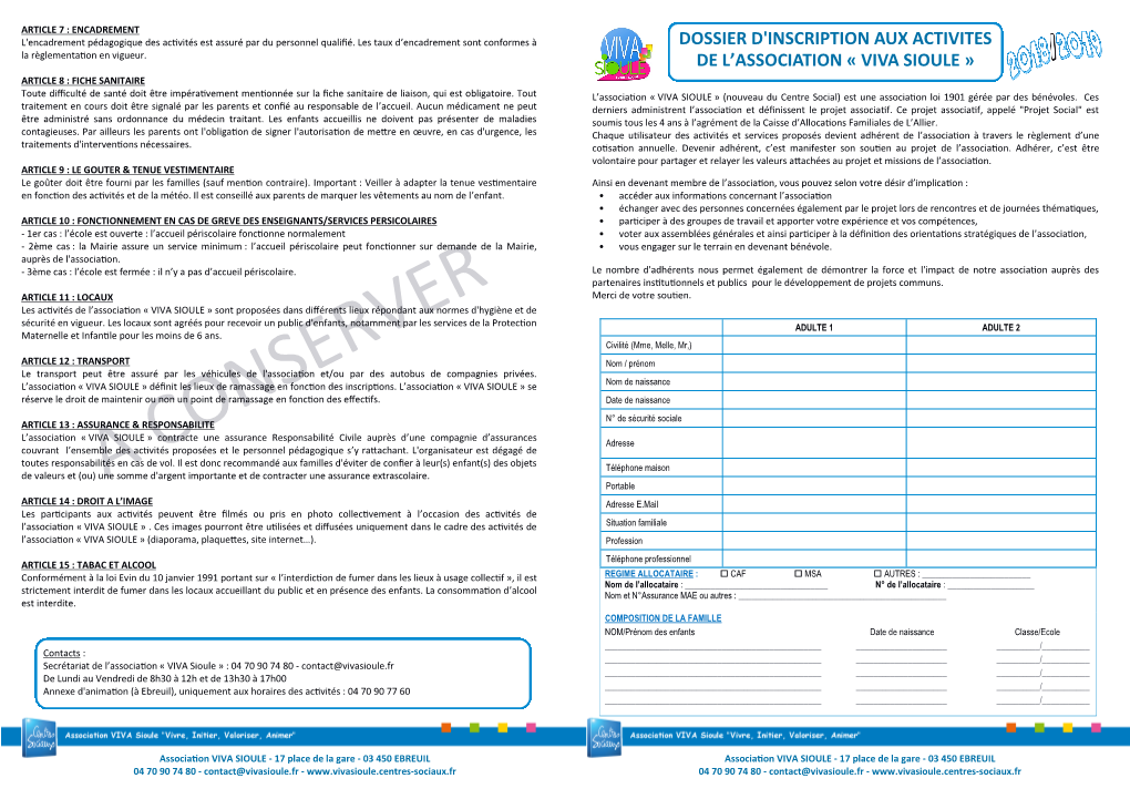 Dossier D'inscription Aux Activites De L'association