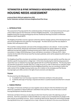 HOUSING NEEDS ASSESSMENT Produced March 2018 and Updated June 2021 by the Yetminster and Ryme Intrinseca Neighbourhood Plan Group