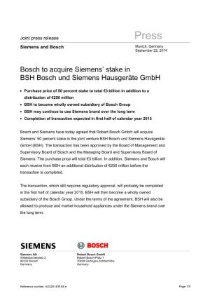 Joint Press Release Siemens and Bosch: Bosch to Acquire Siemens