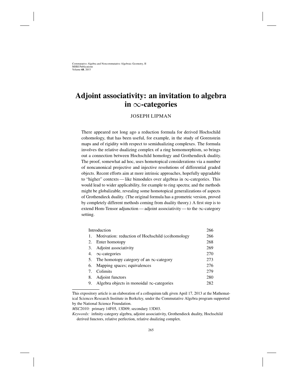 Adjoint Associativity: an Invitation to Algebra in -Categories 1 JOSEPHLIPMAN