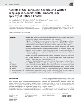 Aspects of Oral Language, Speech, and Written Language in Subjects with Temporal Lobe Epilepsy of Difﬁcult Control