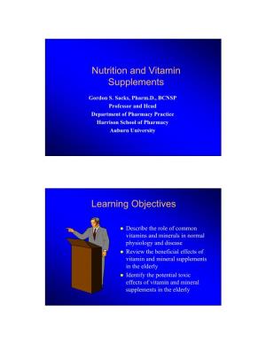 Nutrition and Vitamin Supplements Learning Objectives
