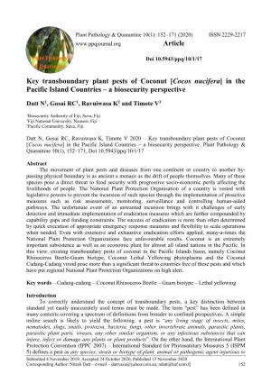Key Transboundary Plant Pests of Coconut [Cocos Nucifera] in the Pacific Island Countries – a Biosecurity Perspective