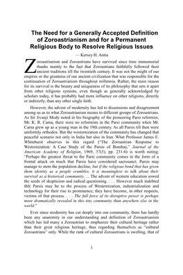 The Need for a Generally Accepted Definition of Zoroastrianism and for a Permanent Religious Body to Resolve Religious Issues — Kersey H