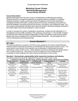 Marketing Career Cluster Marketing Management Course Standard 1