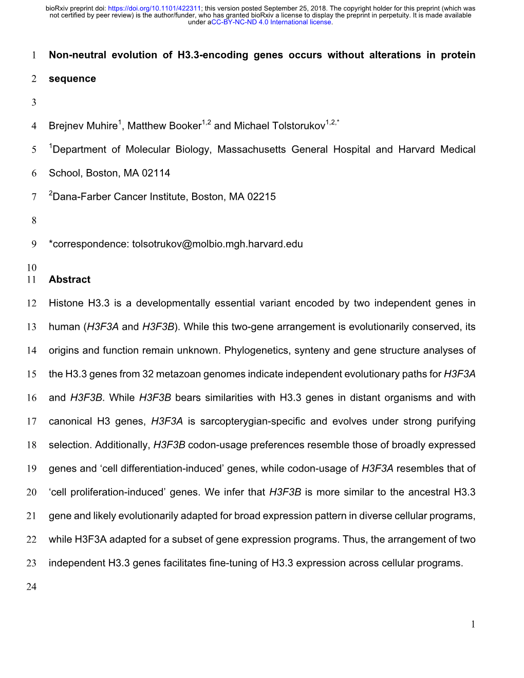 Non-Neutral Evolution of H3.3-Encoding Genes Occurs Without Alterations in Protein Sequence