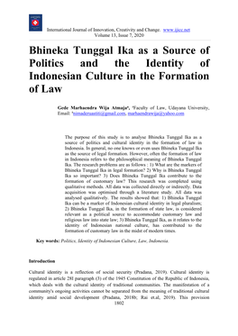 Bhineka Tunggal Ika As a Source of Politics and the Identity of Indonesian Culture in the Formation of Law
