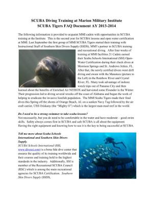 SCUBA Diving Training at Marion Military Institute SCUBA Tigers FAQ Document AY 2013-2014