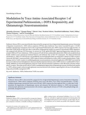Modulation by Trace Amine-Associated Receptor 1 of Experimental Parkinsonism, L-DOPA Responsivity, and Glutamatergic Neurotransmission