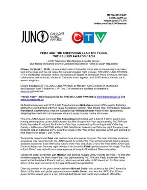 Feist and the Sheepdogs Lead the Flock with 3 Juno Awards Each