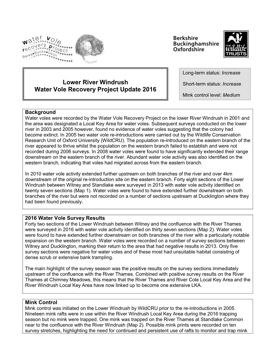 Water Vole Update – Lower River Windrush 2016 Report