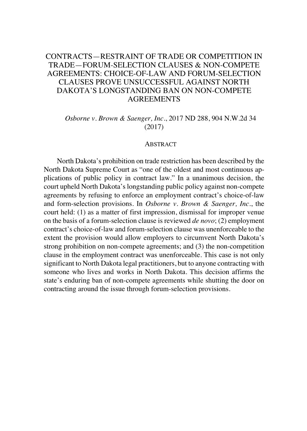 Contracts—Restraint of Trade Or Competition in Trade—Forum-Selection Clauses & Non-Compete Agreements: Choice-Of-Law