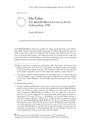 On Value the Radcliffe-Brown Lecture in Social Anthropology, 1980