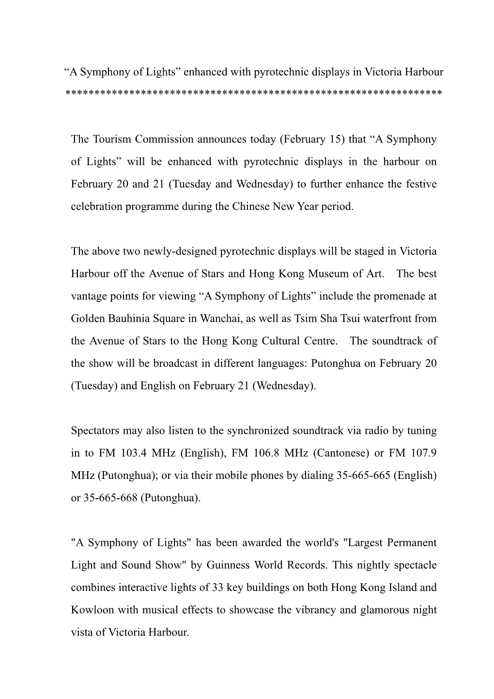 “A Symphony of Lights” Enhanced with Pyrotechnic Displays in Victoria Harbour *****************************************************************