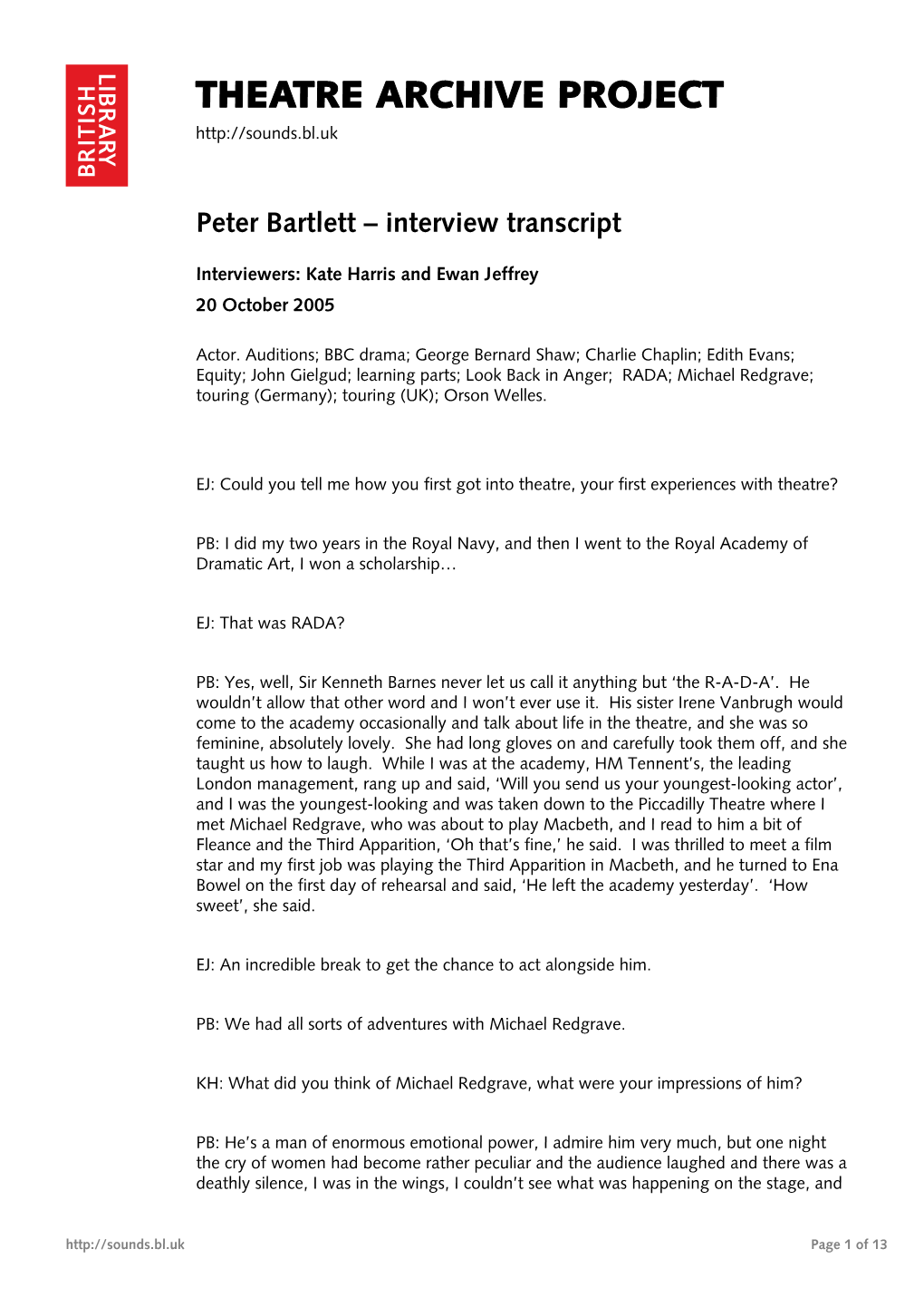 Theatre Archive Project: Interview with Peter Bartlett