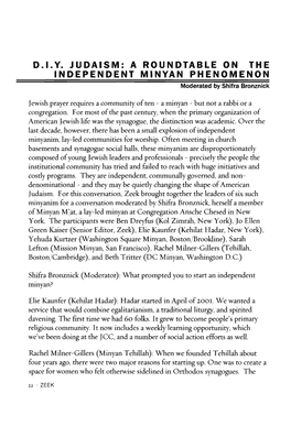 D.I.Y. JUDAISM: a ROUNDTABLE on the INDEPENDENT MINYAN PHENOMENON Moderated by Shifra Bronznick