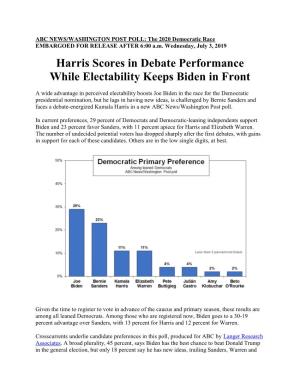 Harris Scores in Debate Performance While Electability Keeps Biden in Front