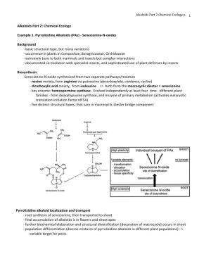 Chemical Ecology Example 1. Pyrrolizidine Alkaloids (Pas)