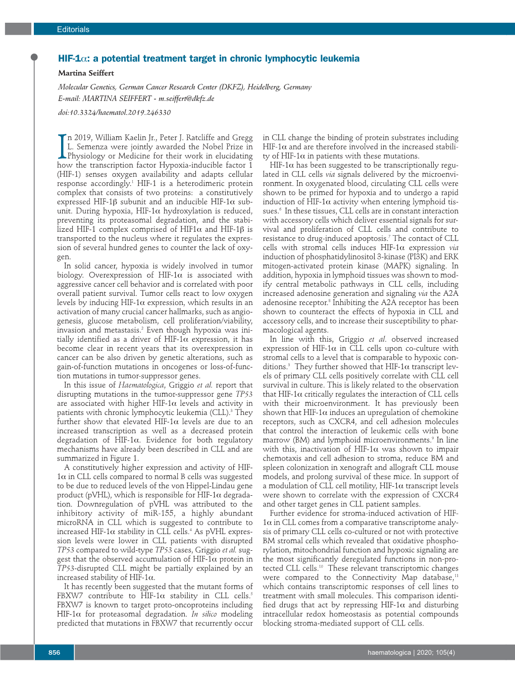 HIF-1Α: a Potential Treatment Target in Chronic Lymphocytic Leukemia