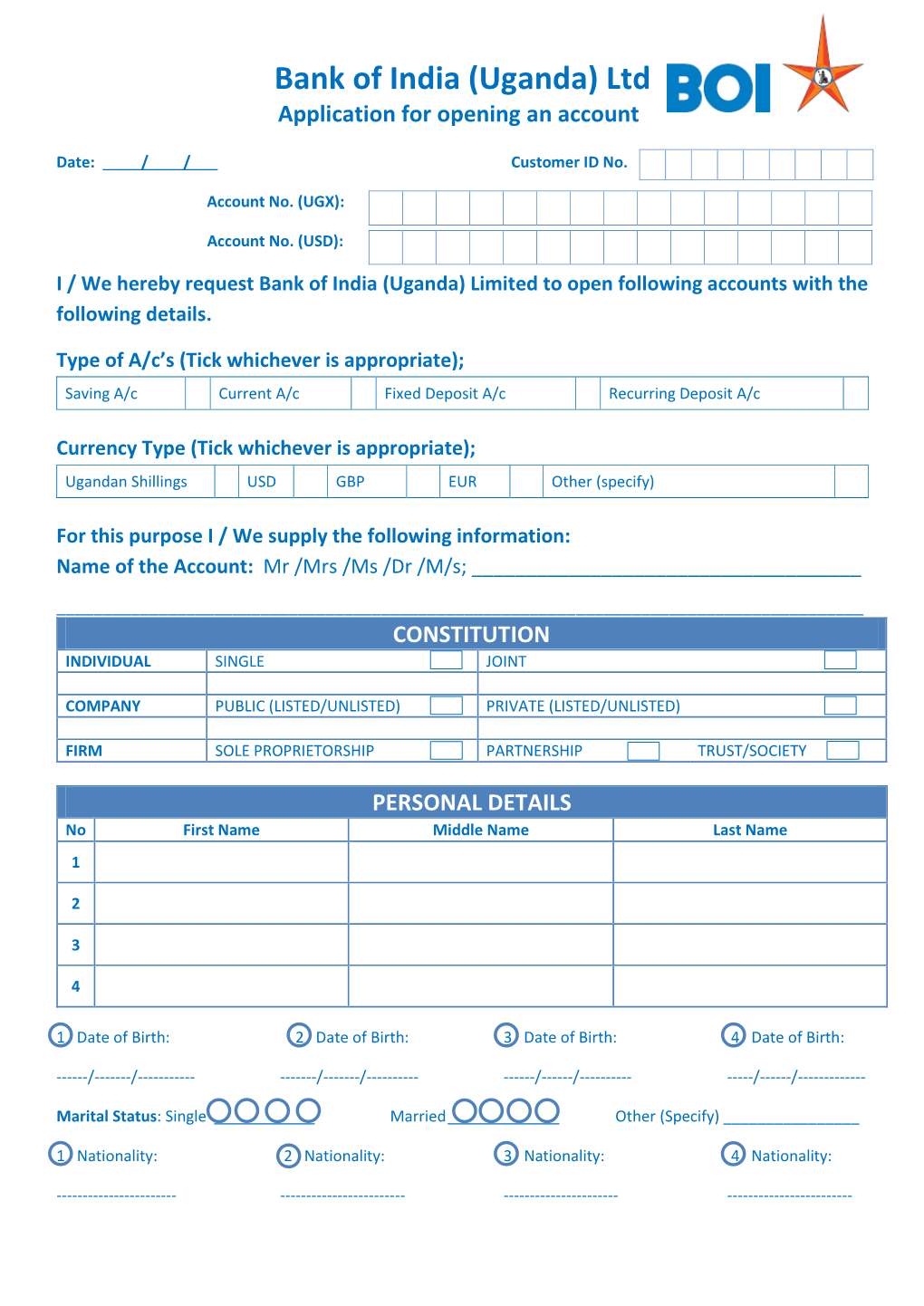 Bank of India (Uganda) Ltd Application for Opening an Account