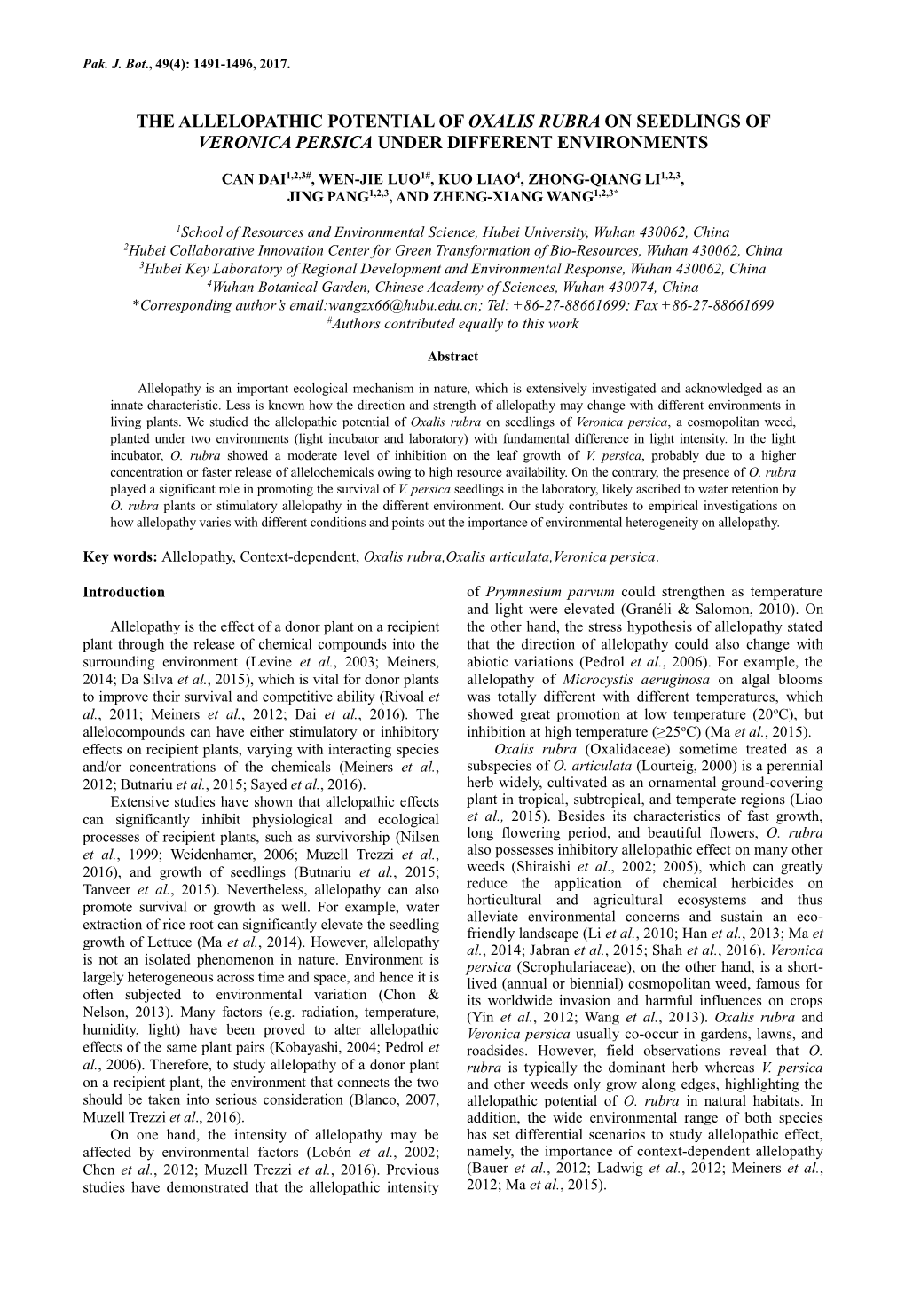 The Allelopathic Potential of Oxalis Rubra on Seedlings of Veronica Persica Under Different Environments