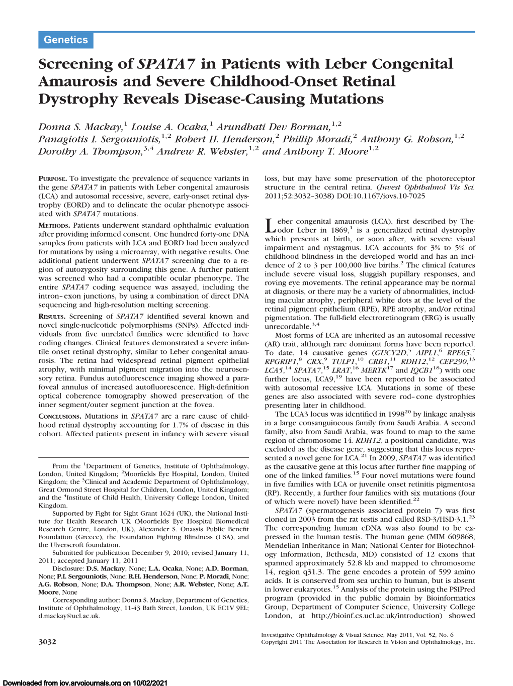 Screening of SPATA7 in Patients with Leber Congenital Amaurosis and Severe Childhood-Onset Retinal Dystrophy Reveals Disease-Causing Mutations