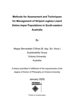Methods for Assessment and Techniques for Management of Striped Legless Lizard Delma Impar Populations in South-Eastern Australia