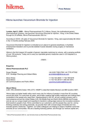 Hikma Launches Vecuronium Bromide for Injection