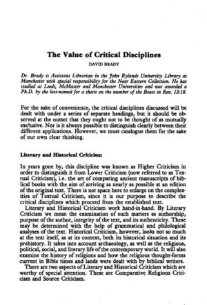 The Value of Critical Disciplines DAVID BRADY