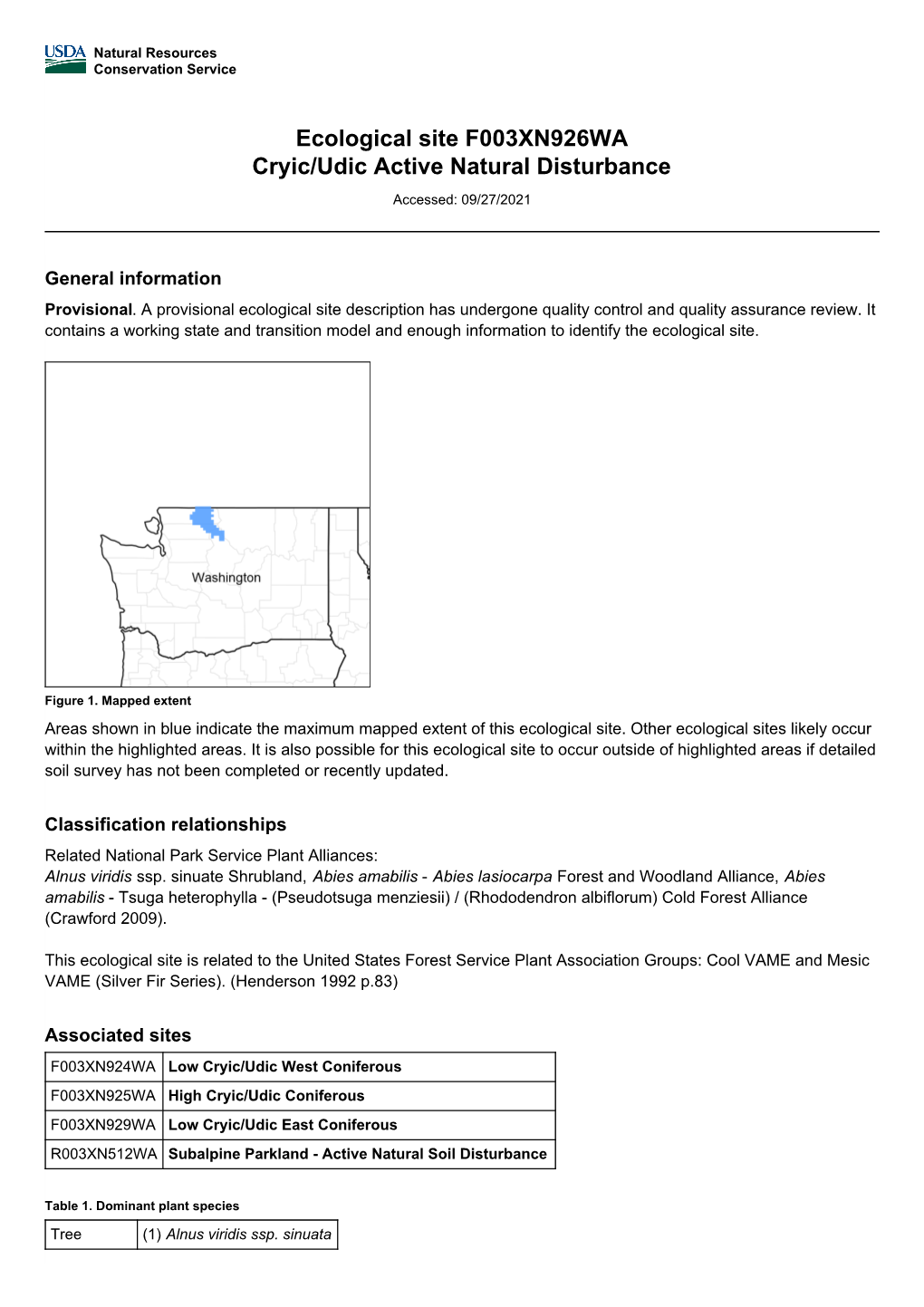 Ecological Site F003XN926WA Cryic/Udic Active Natural Disturbance