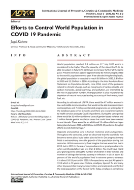 Efforts to Control World Population in COVID 19 Pandemic Jugal Kishore Director Professor & Head, Community Medicine, VMMC & SJH, New Delhi, India