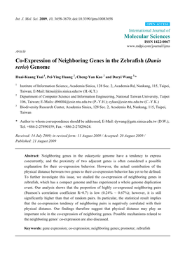 Co-Expression of Neighboring Genes in the Zebrafish (Danio Rerio) Genome