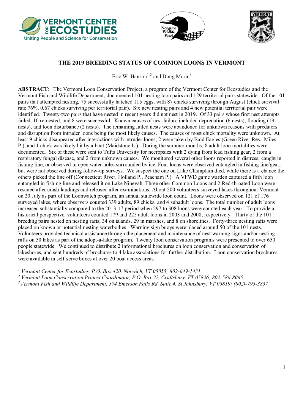 The 2019 Breeding Status of Common Loons in Vermont